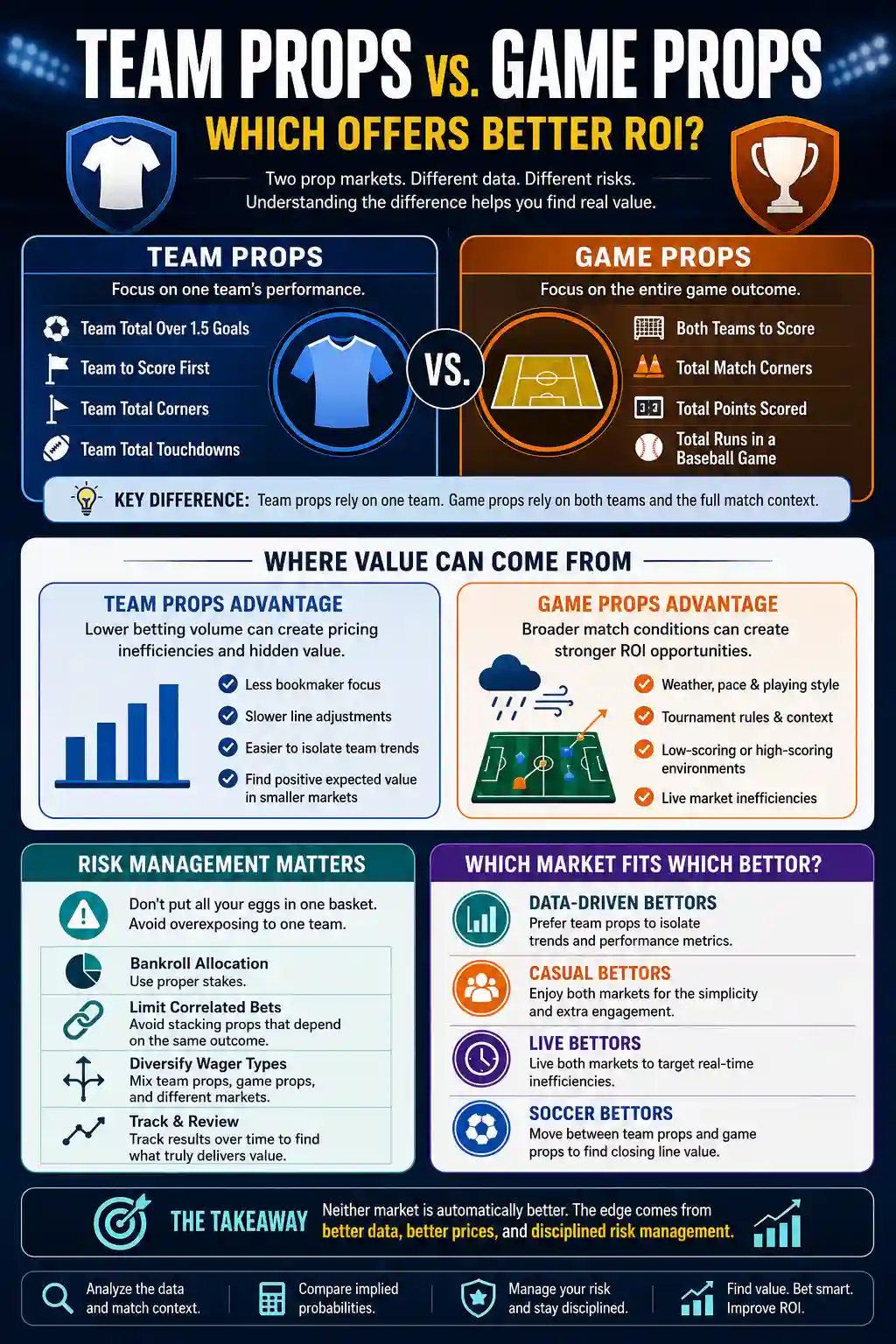 Infographic comparing team props vs game props, including ROI opportunities, risk management, betting styles, and value factors.