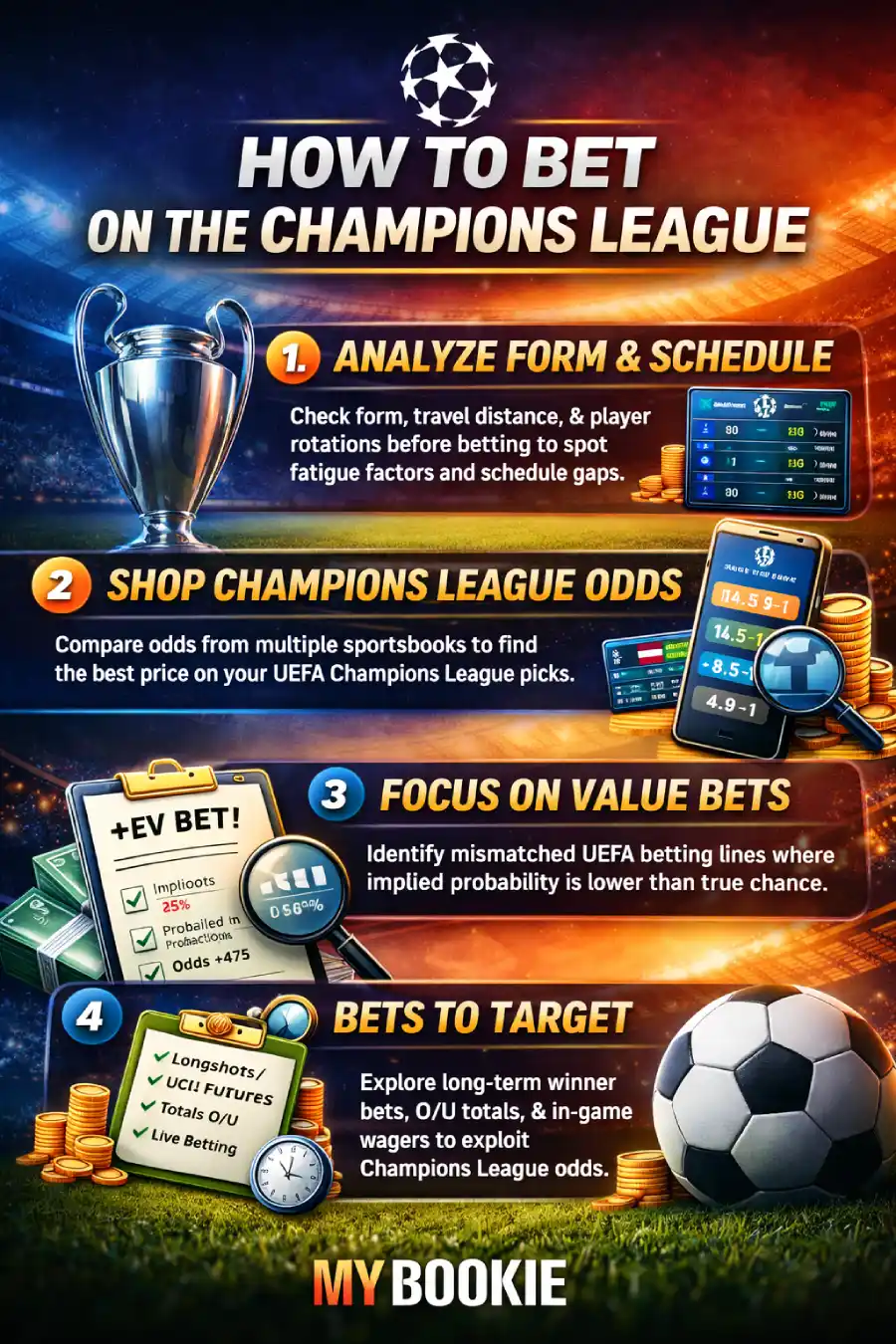 Infographic: How to Bet on the UEFA Champions League - form, odds shopping, value bets, and best markets