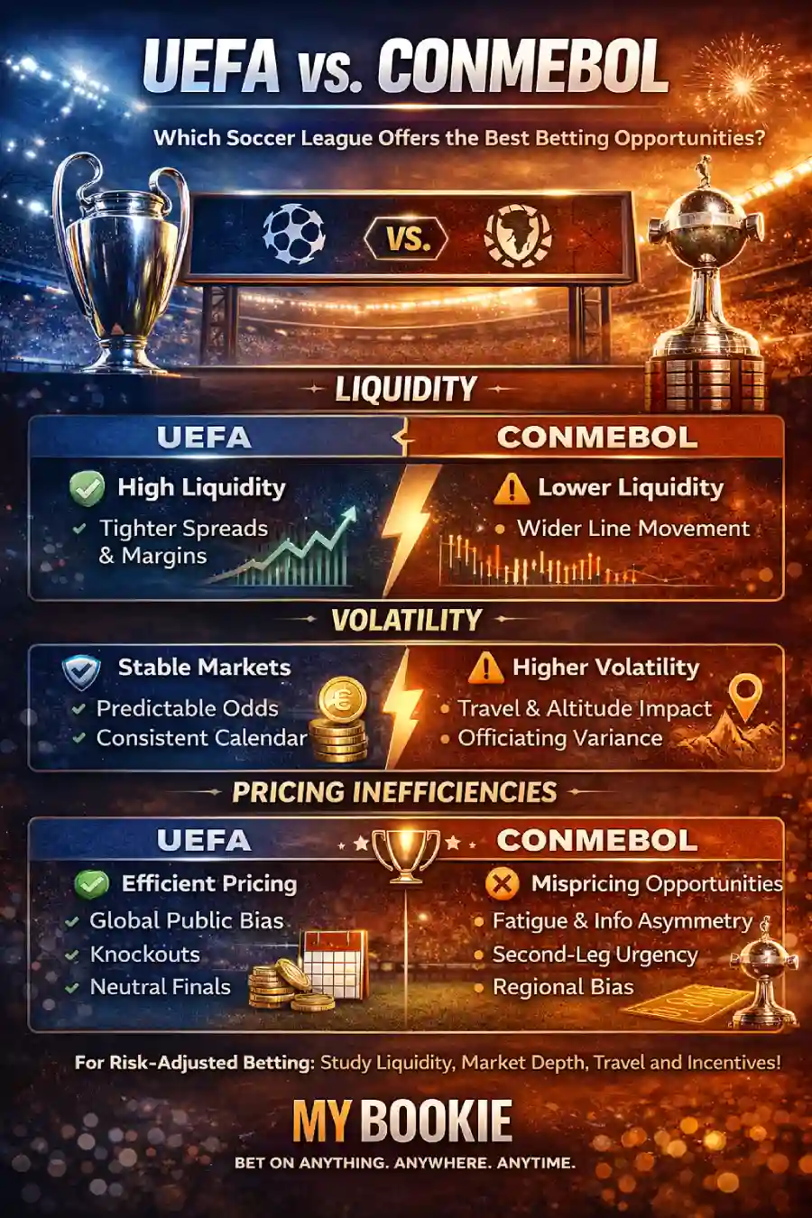 Infographic comparing UEFA vs CONMEBOL betting markets across liquidity, volatility, pricing inefficiencies, and tournament structure.