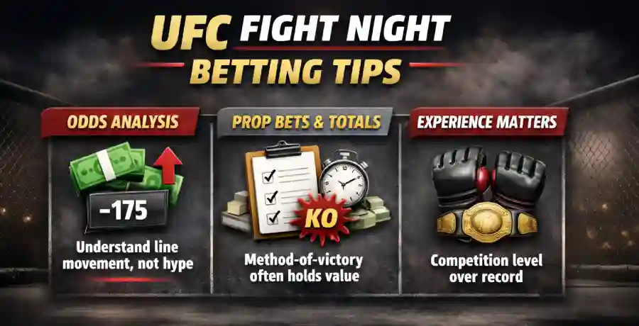 UFC Fight Night betting tips infographic showing odds analysis, prop betting value, and experience factors