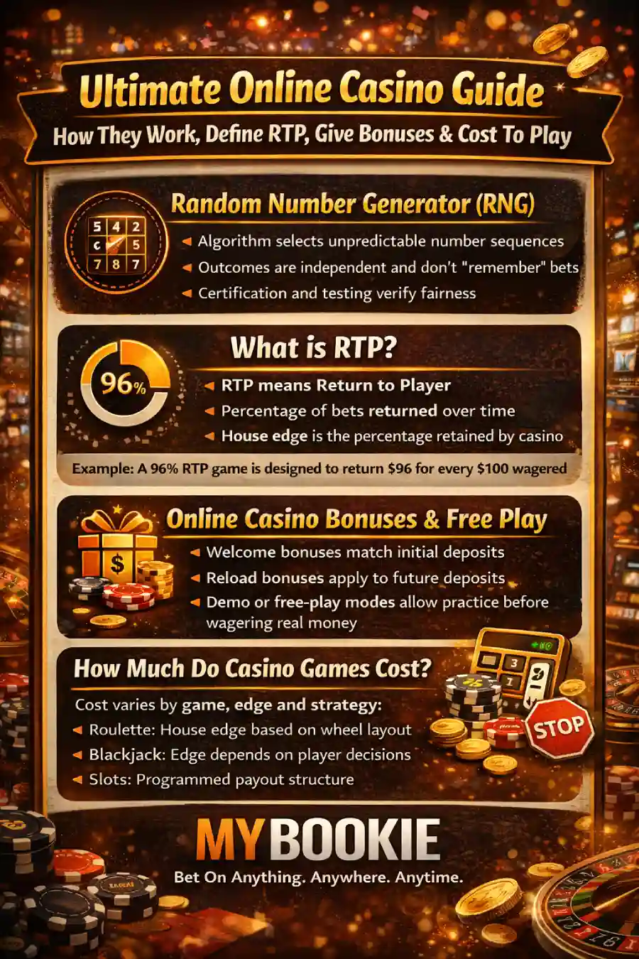 Infographic: Ultimate Online Casino Guide — how RNG works, what RTP means, how bonuses and free play work, and what drives house edge across casino games.