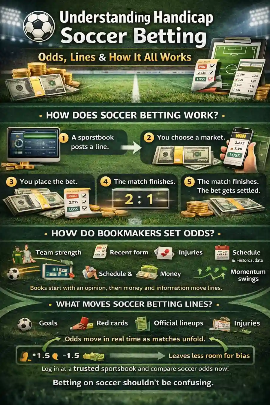 Infographic: Understanding handicap soccer betting — how soccer betting works (sportsbook posts a line, choose a market, place a wager, match finishes, bet settles), how bookmakers set odds (team strength, recent form, injuries, schedule, historical data), and what moves soccer betting lines (goals, red cards, official lineups, injuries, money and information).