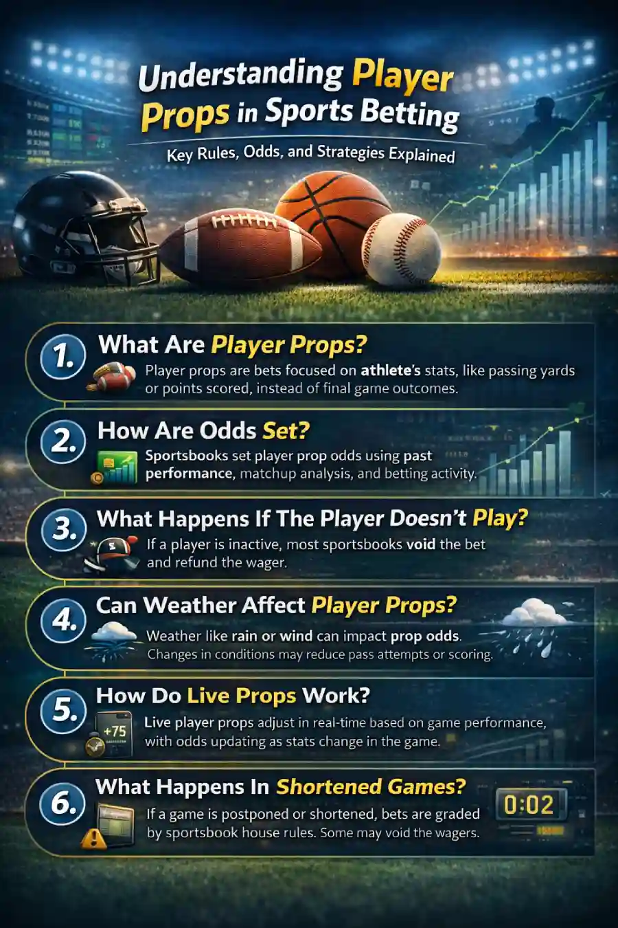 Understanding player props in sports betting infographic: rules, odds, live props, grading, and common mistakes explained