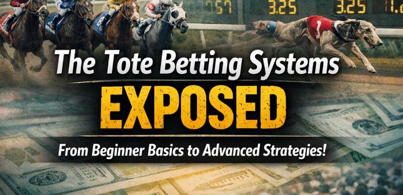 Tote betting systems explained banner with horse racing, greyhound racing, and betting odds board