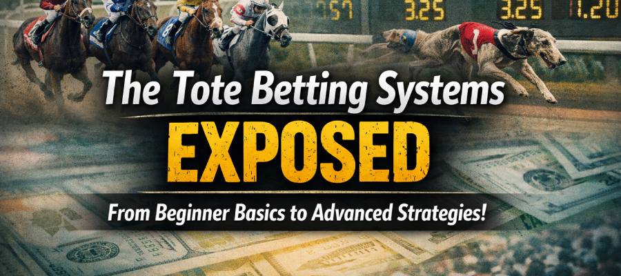 Tote betting systems explained banner with horse racing, greyhound racing, and betting odds board