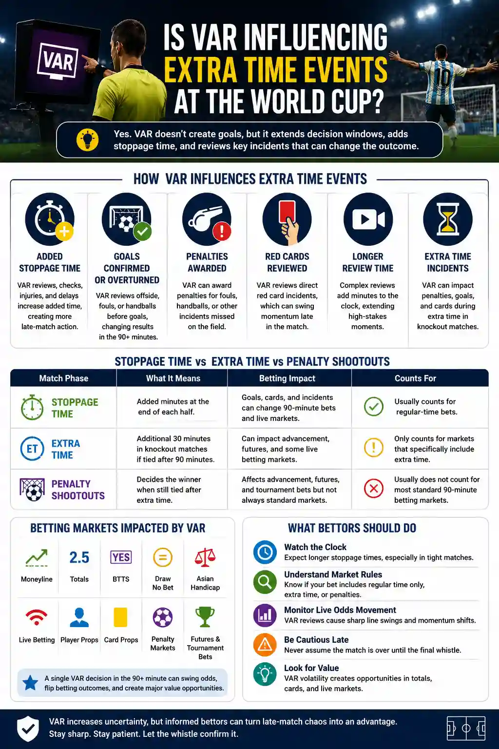 Infographic explaining how VAR influences extra time events, stoppage time, penalties, red cards, and World Cup betting markets