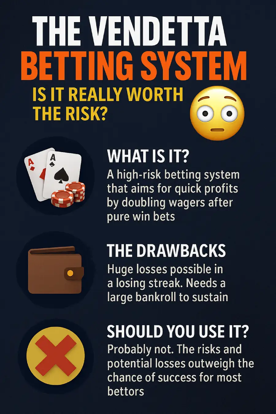 Infographic explaining the Vendetta Betting System with steps, risks, and safer alternatives for modern bettors