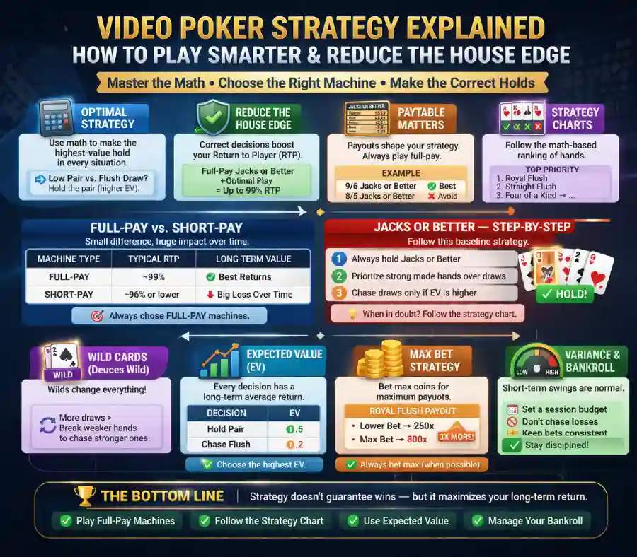 Video poker strategy infographic showing optimal strategy, paytable importance, expected value, full-pay vs short-pay machines, max bet value, and bankroll discipline.