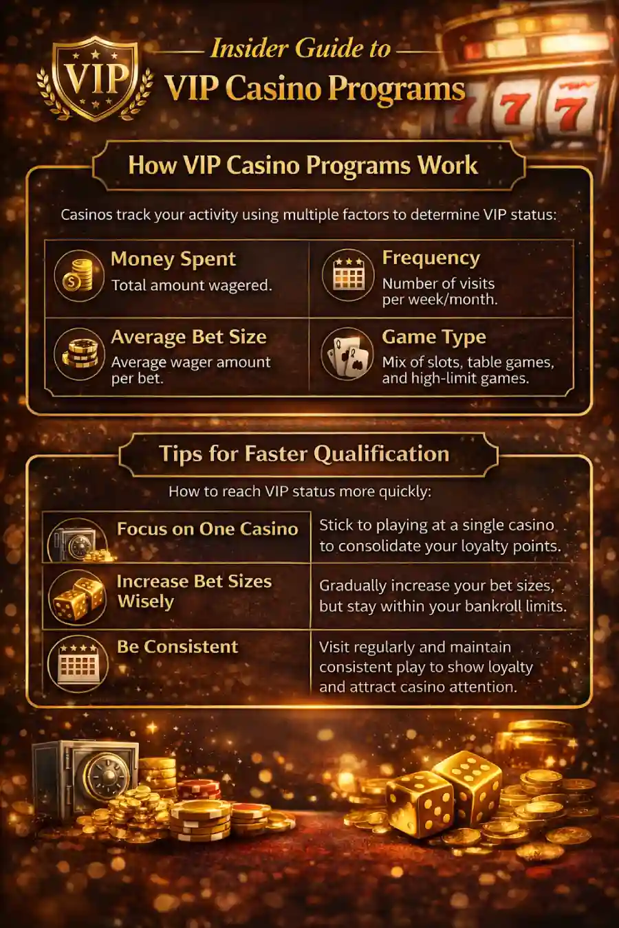 Infographic explaining how VIP casino programs work, including activity tracking, theoretical value, point types, game contribution rates, promotions, consistency, and lower-risk ways to qualify faster.