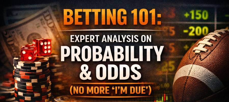 Betting 101 probability and odds guide with sportsbook lines, dice, and football
