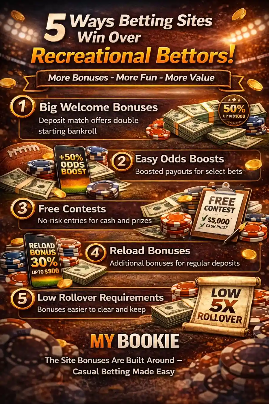 Infographic: 5 ways betting sites win over recreational bettors — big welcome bonuses, odds boosts, free contests, reload bonuses, and low rollover requirements