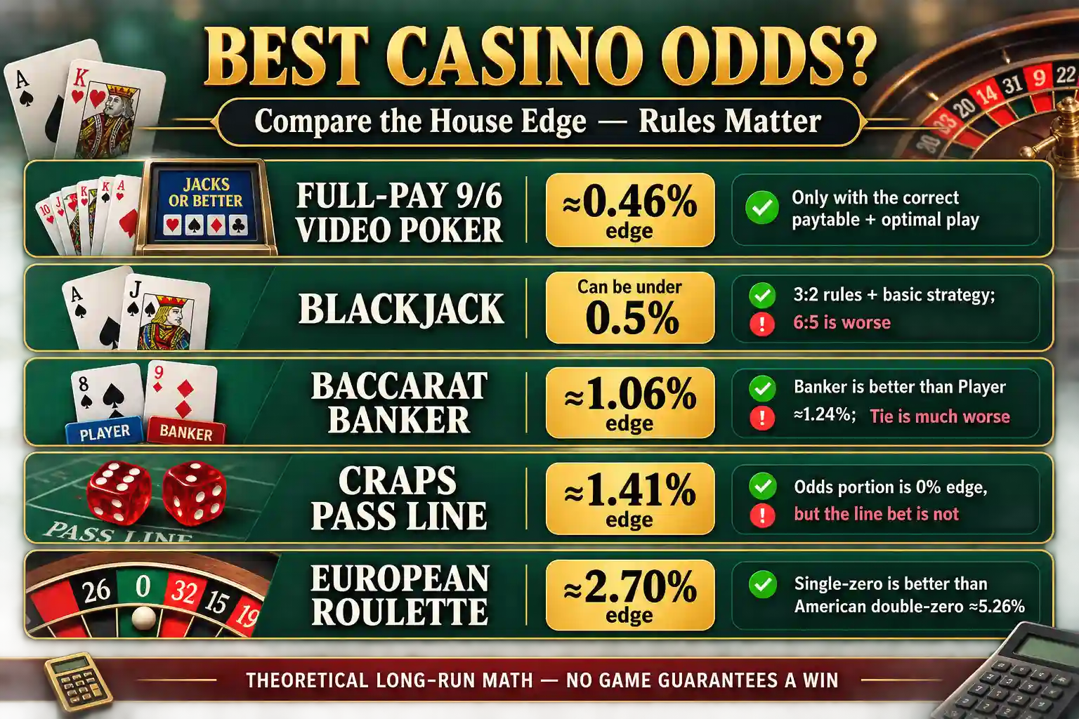 Infographic comparing the house edge of video poker, blackjack, baccarat Banker, craps Pass Line, and European roulette