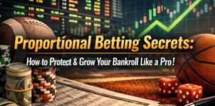 Proportional betting strategy illustration showing bankroll growth chart, sports betting odds, and wager sizing concept