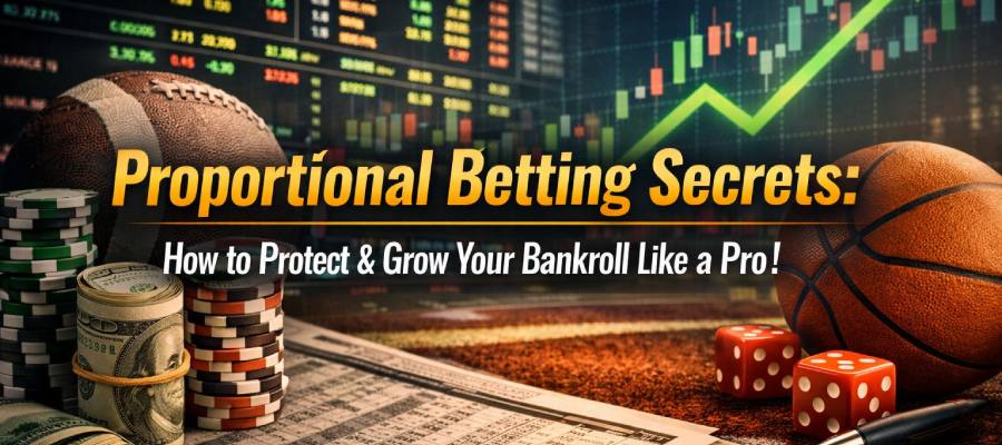Proportional betting strategy illustration showing bankroll growth chart, sports betting odds, and wager sizing concept