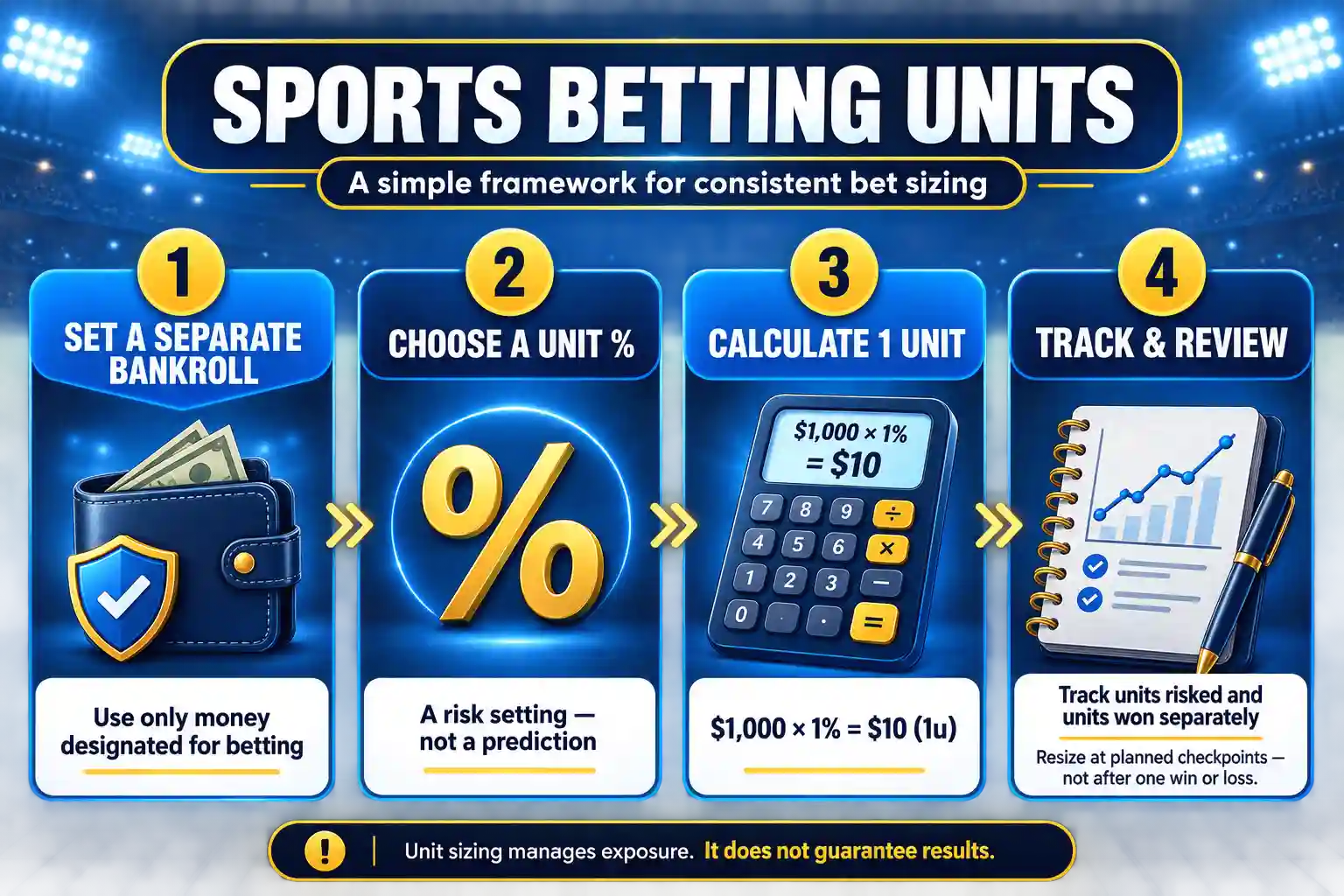 Sports betting units infographic showing four steps: set a separate bankroll, choose a unit percentage, calculate one unit with $1,000 times 1% equaling $10, then track and review units risked and won separately.