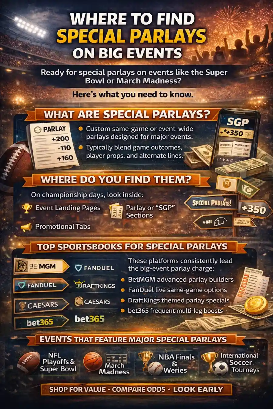 Where to Find Special Parlays on Big Events infographic: what special parlays are, where to find them inside a sportsbook, top platforms, events that feature expanded parlay menus, and quick tips like compare odds and look early