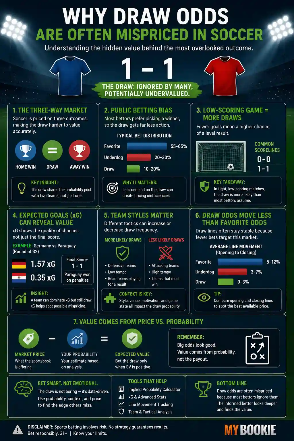 Infographic explaining why soccer draw odds are often mispriced, including public betting bias, low-scoring games, expected goals, team styles, line movement, and price versus probability.