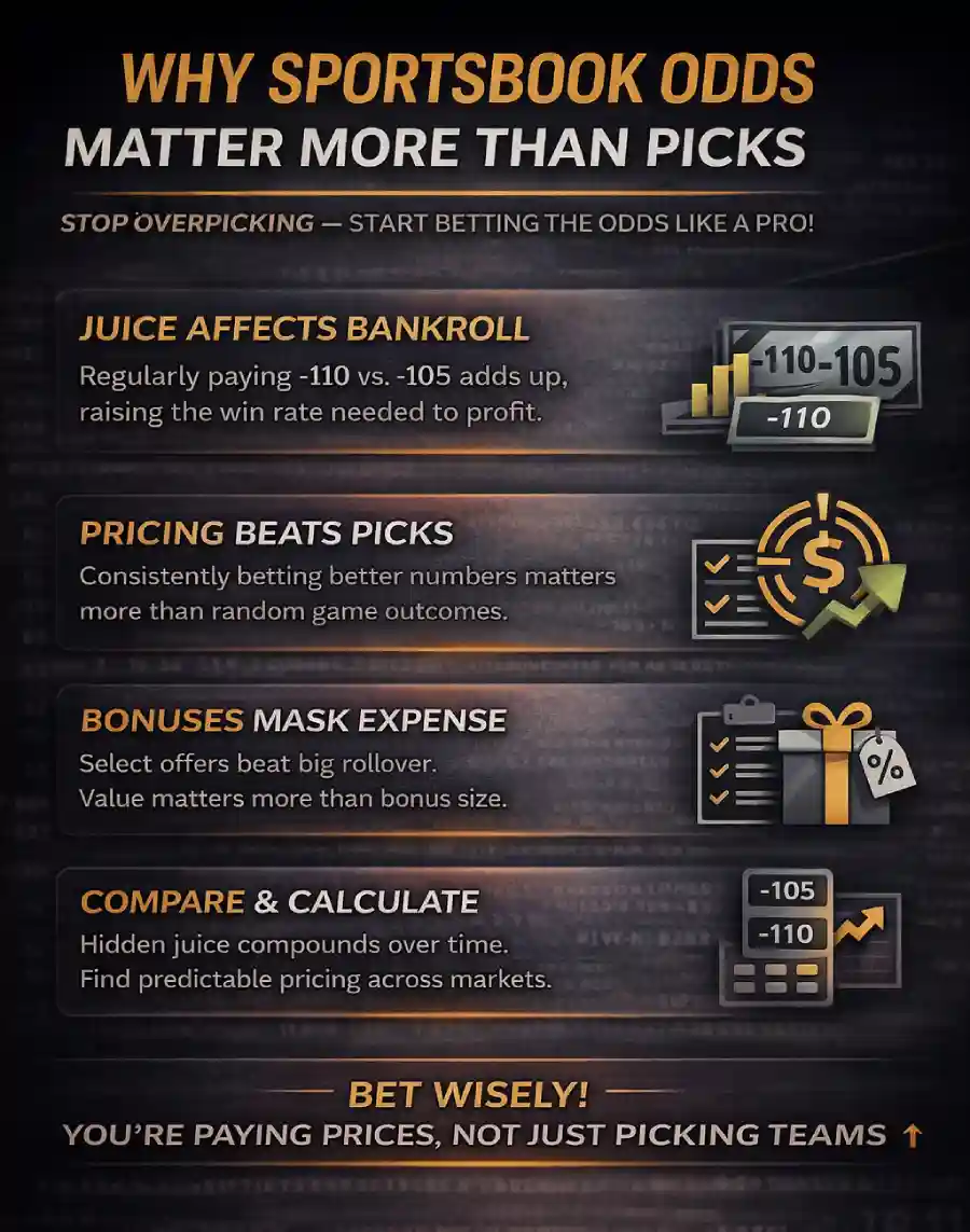 Why sportsbook odds matter more than picks infographic: juice affects bankroll, pricing beats picks, bonus terms matter, compare odds to reduce long-term costs