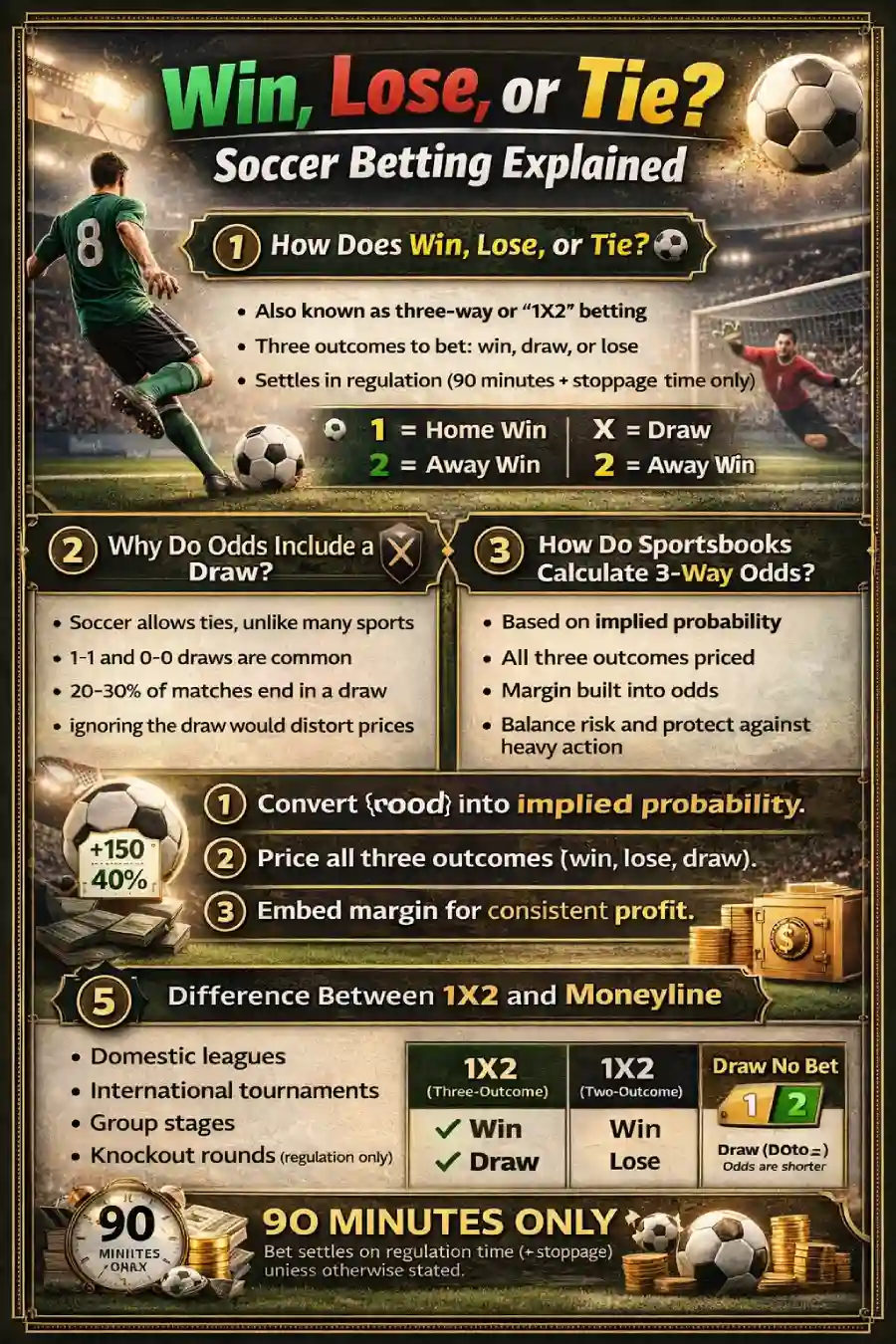 Win, Lose, or Tie soccer betting infographic explaining 1X2 outcomes, draw odds, implied probability, and regulation-time settlement rules