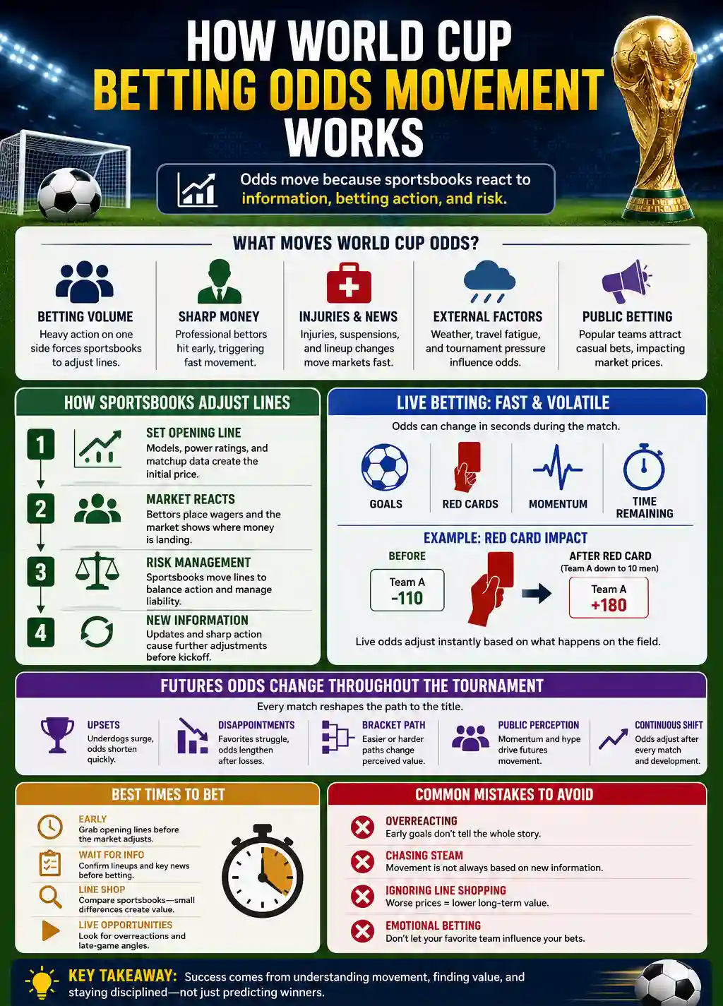 Infographic explaining how World Cup betting odds movement works, including betting volume, sharp money, injuries, live betting, futures odds, and common betting mistakes