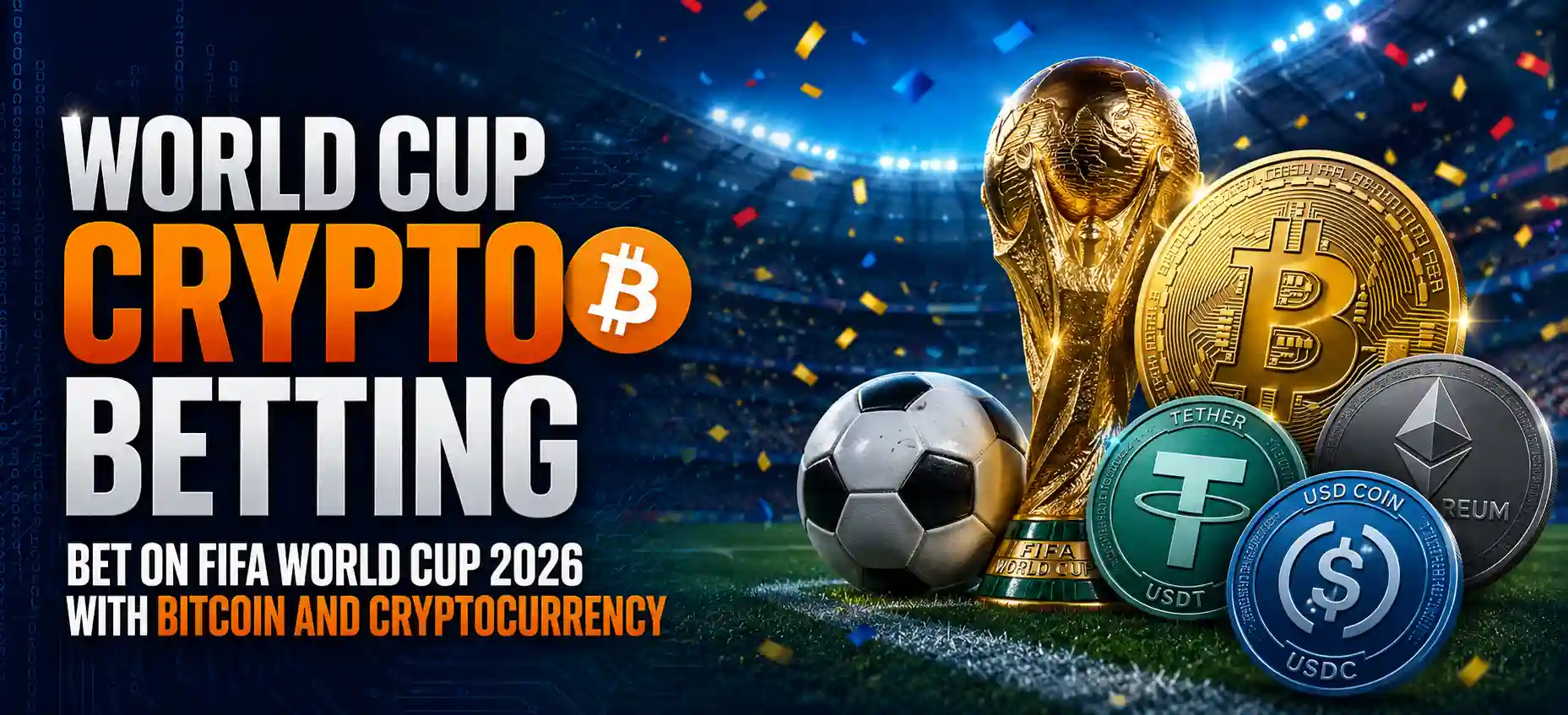 World Cup crypto betting banner featuring a soccer stadium, World Cup trophy, soccer ball, Bitcoin, USDT, USDC, and Ethereum coins promoting FIFA World Cup 2026 betting with cryptocurrency