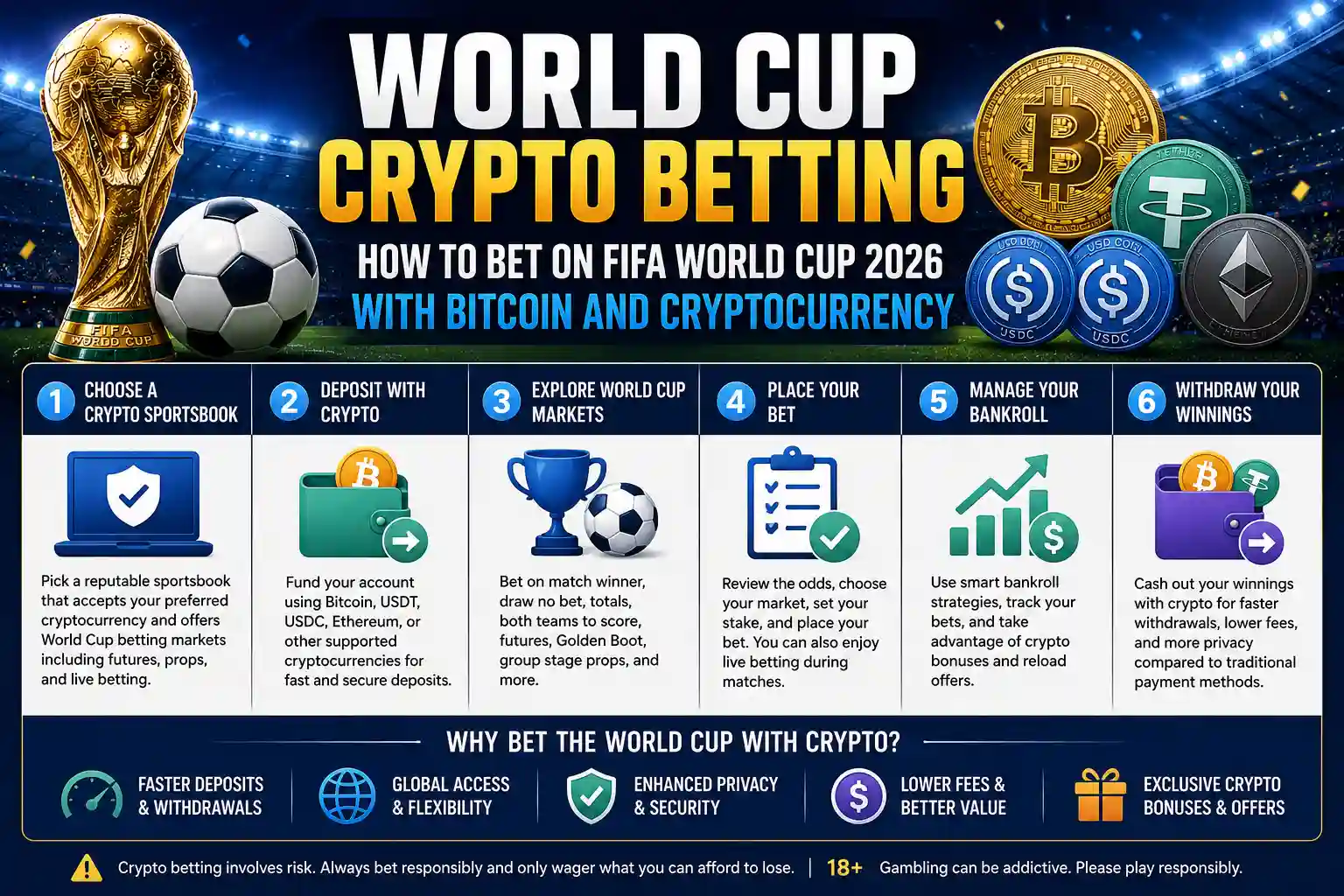 World Cup crypto betting infographic explaining how to bet on FIFA World Cup 2026 with Bitcoin, USDT, USDC, Ethereum, and other cryptocurrencies