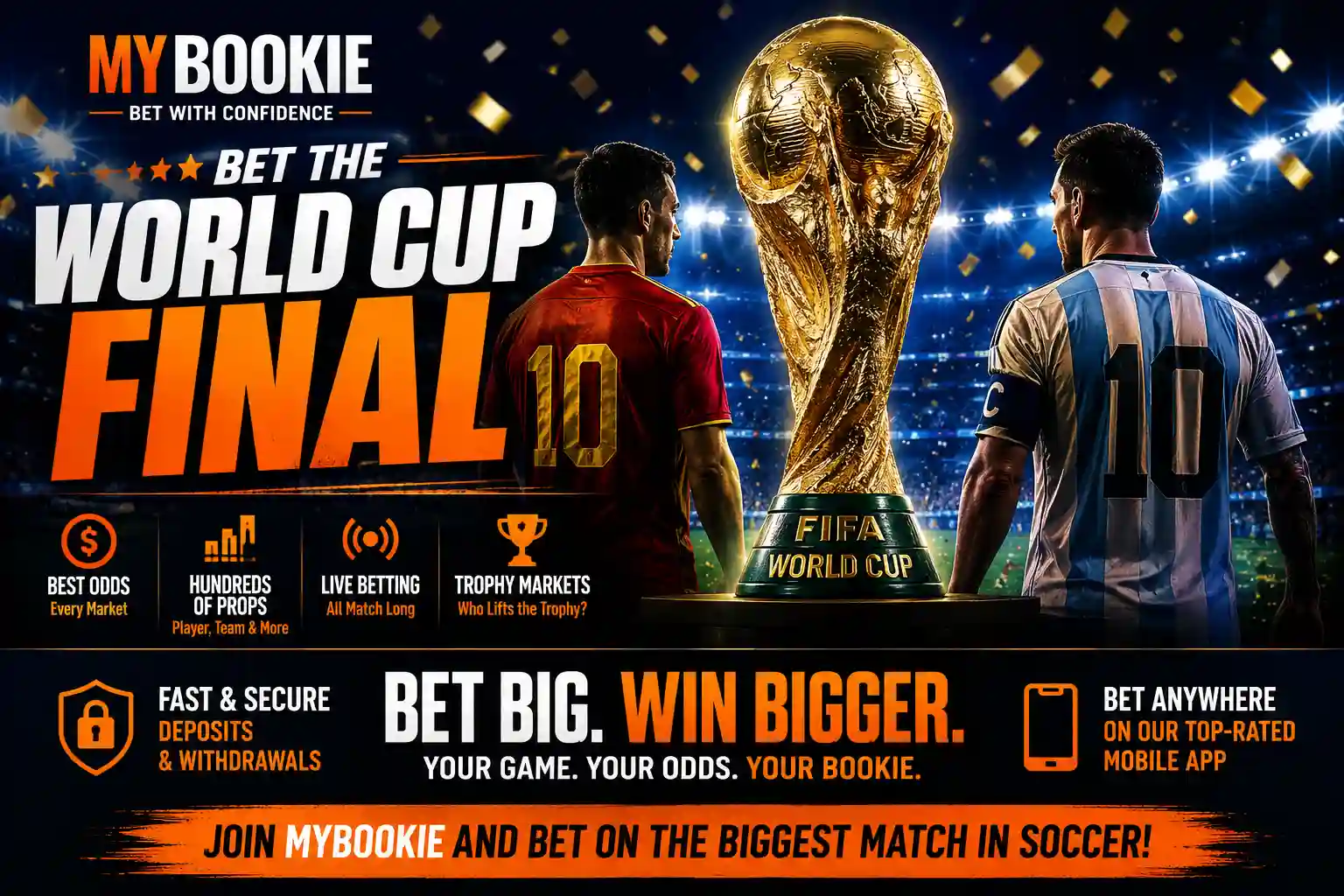 MyBookie World Cup Final betting banner featuring Spain and Argentina, the FIFA World Cup trophy, and betting markets available for the championship match.