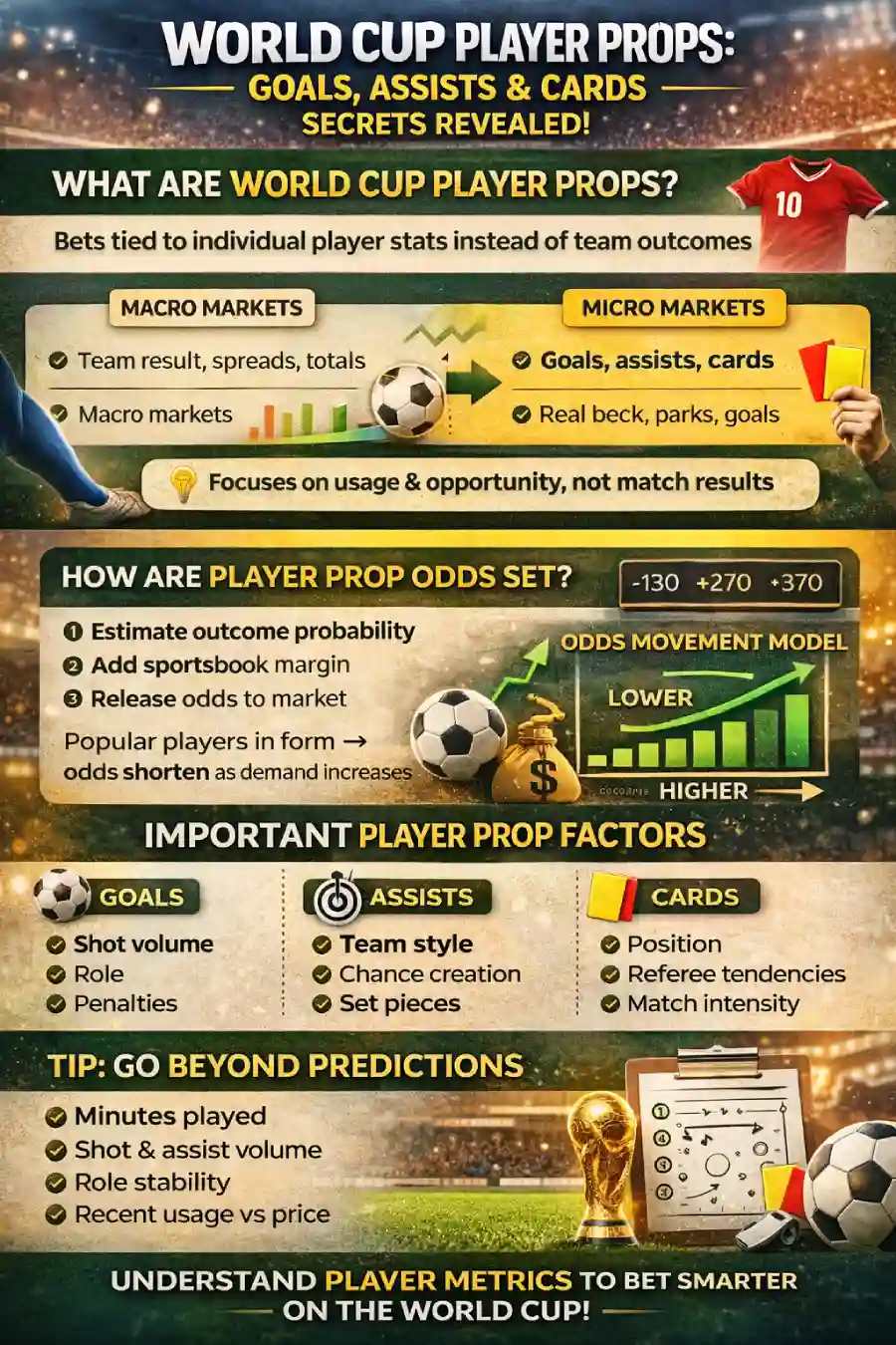 Infographic explaining World Cup player props, including goals, assists, cards, how odds are set, and the main factors that shape player prop betting markets in soccer.