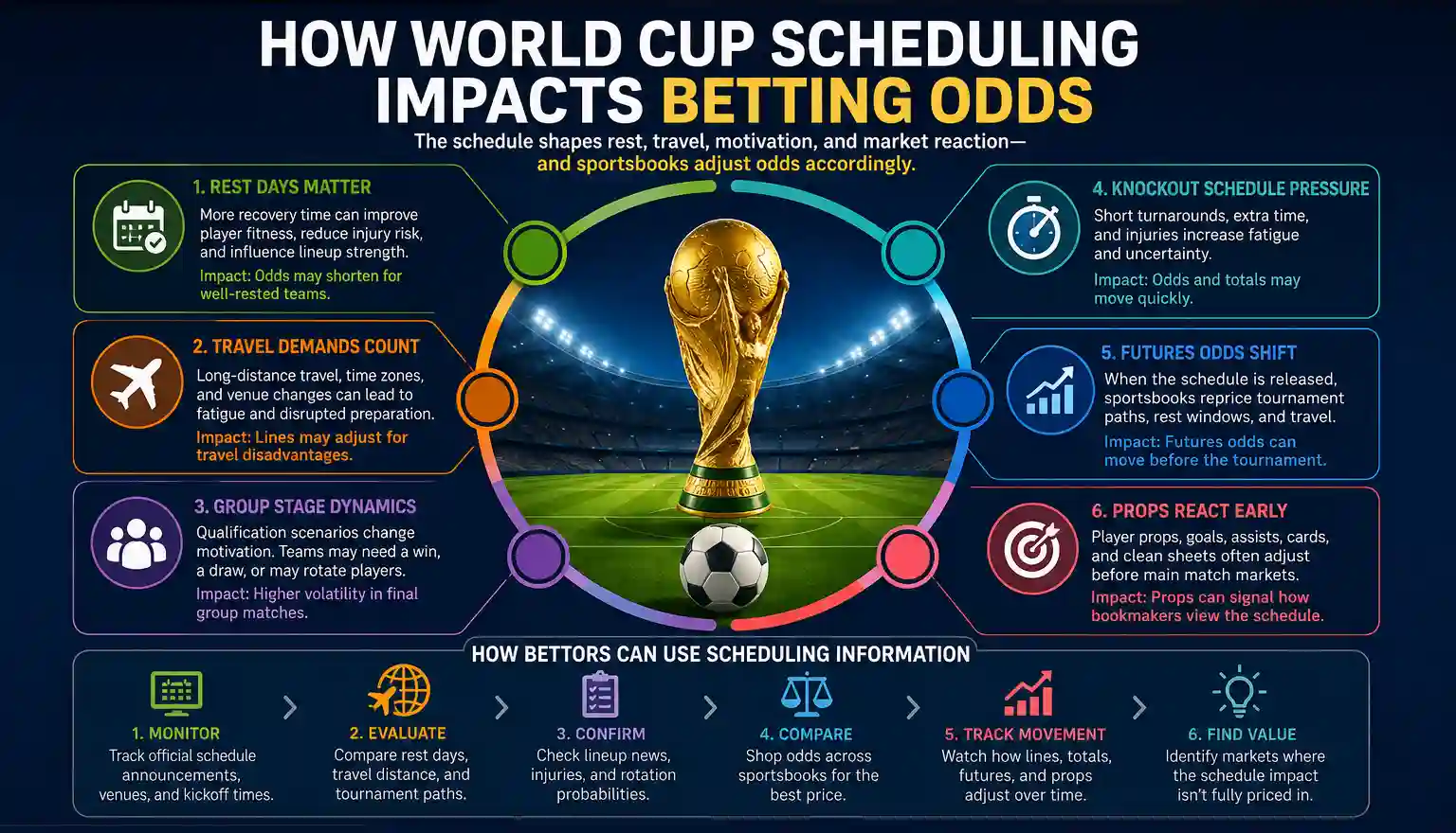 How World Cup scheduling impacts betting odds through rest days, travel demands, group stage dynamics, knockout pressure, futures odds, and props