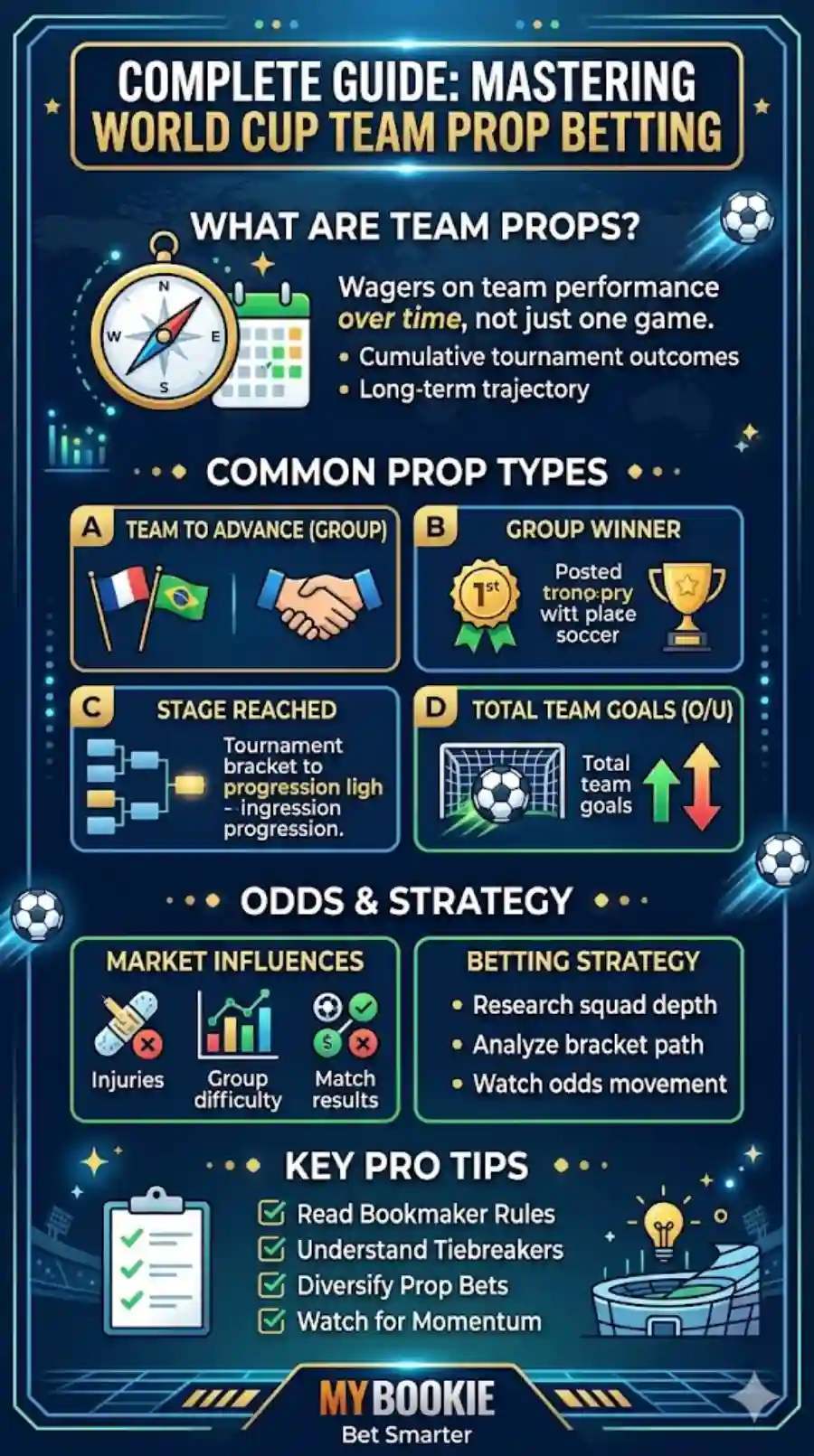 Visual guide to World Cup Team Prop betting, explaining market types like Group Winner, Stage Reached, and Total Team Goals.