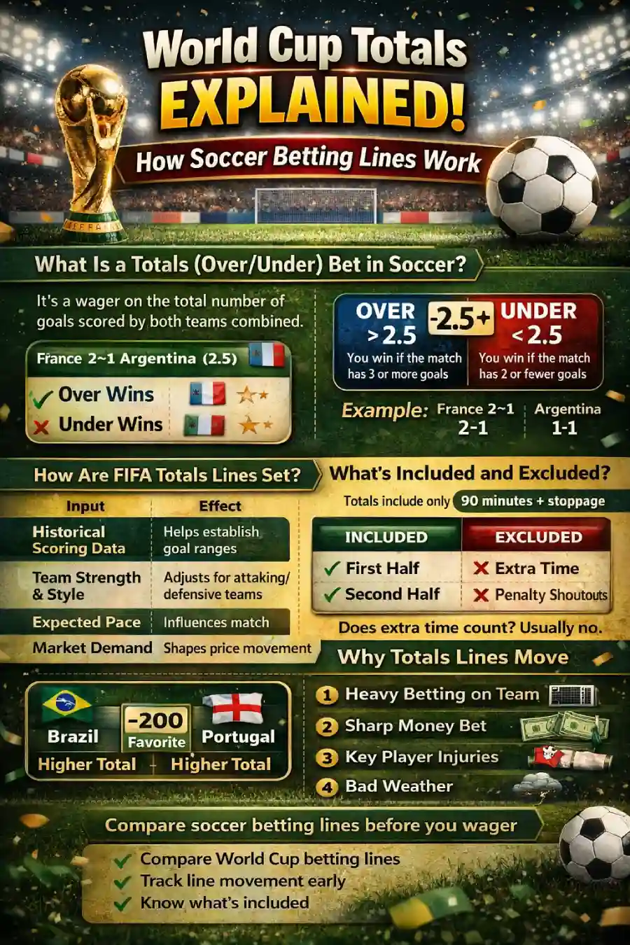 Infographic explaining World Cup totals over under betting, including what the bet means, how FIFA totals lines are set, what is included in standard totals bets, and why soccer betting lines move.