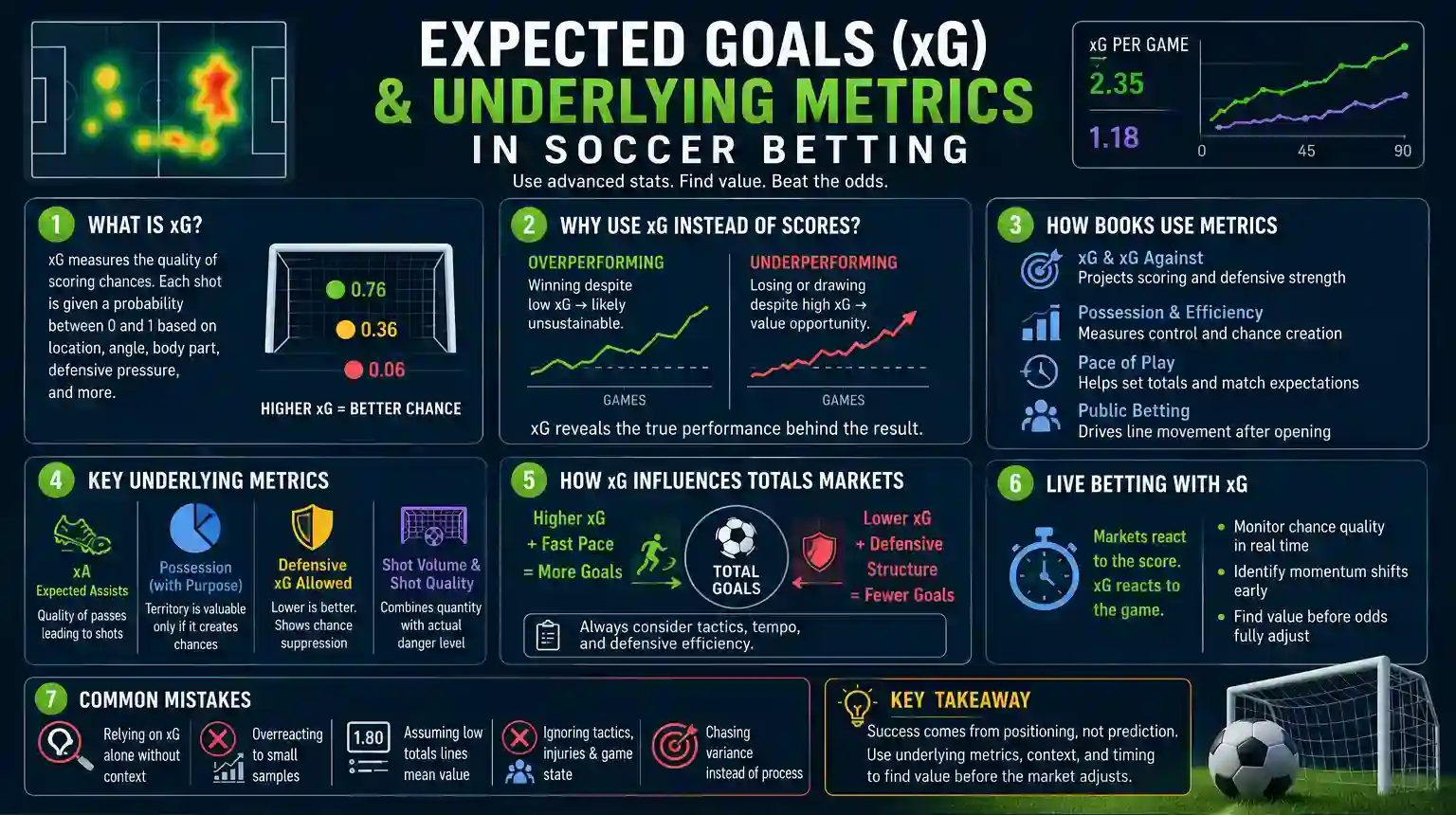 Expected Goals (xG) and underlying metrics in soccer betting infographic explaining shot quality, sportsbook metrics, totals markets, live betting, and common betting mistakes